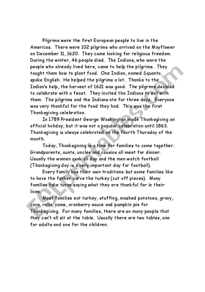 Thanksgiving Story worksheet