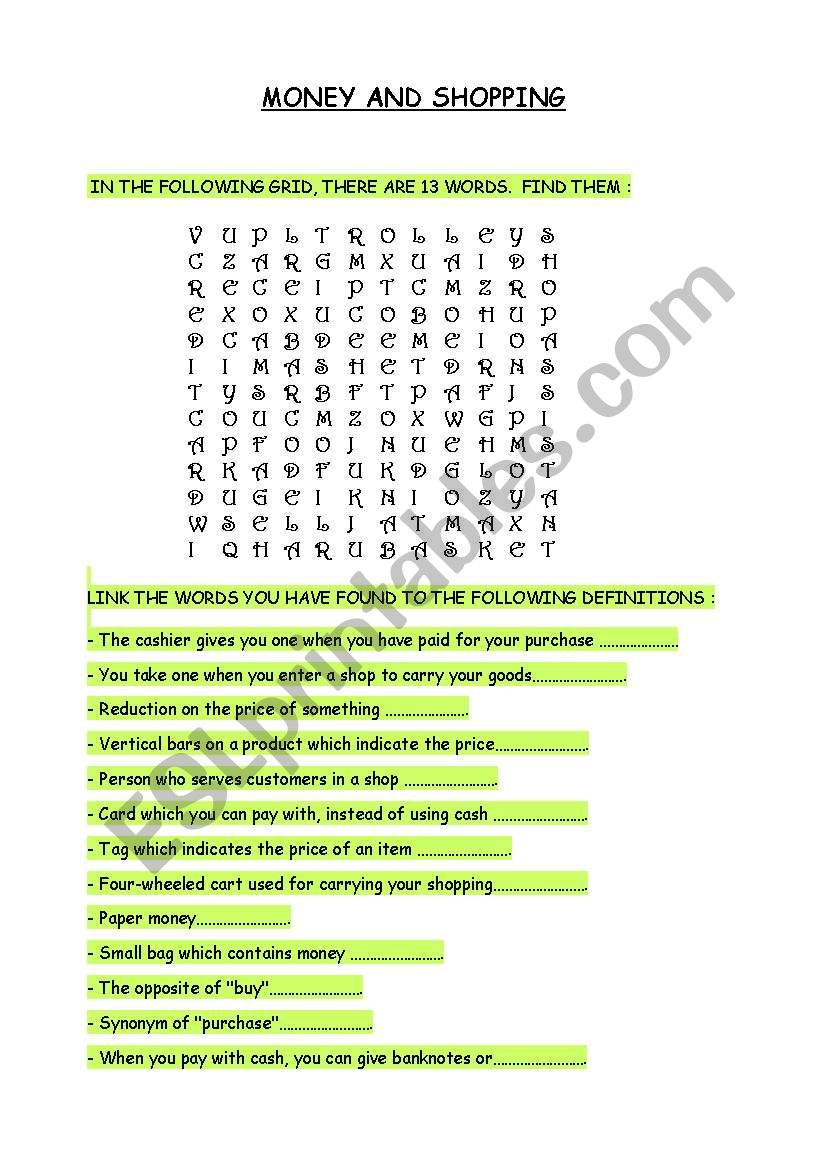 MOney and Shopping worksheet