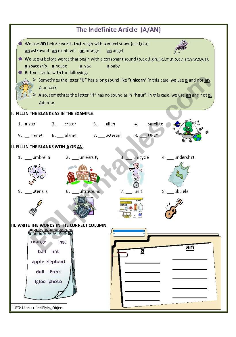 The Indefinite Article a/an worksheet