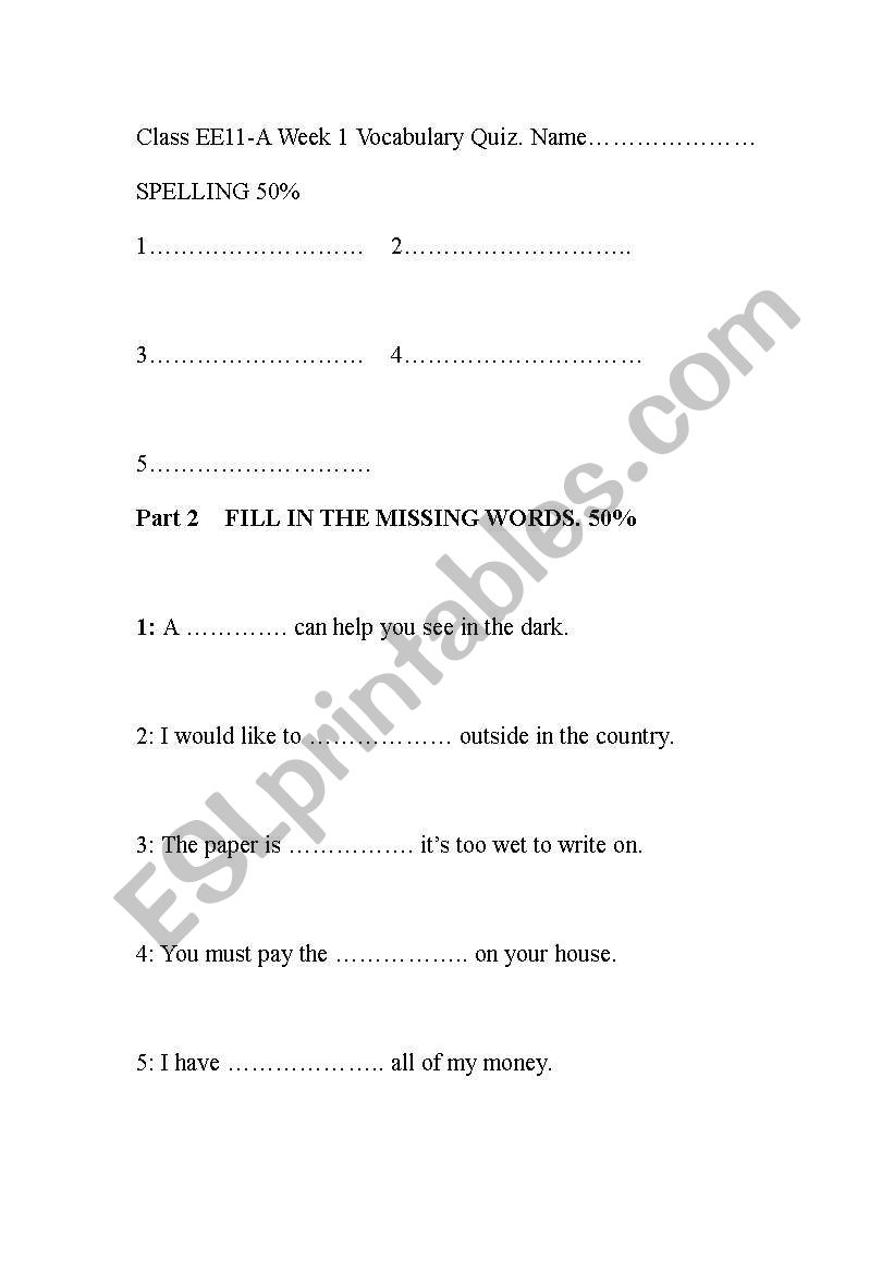spelling and vocabulary quiz worksheet