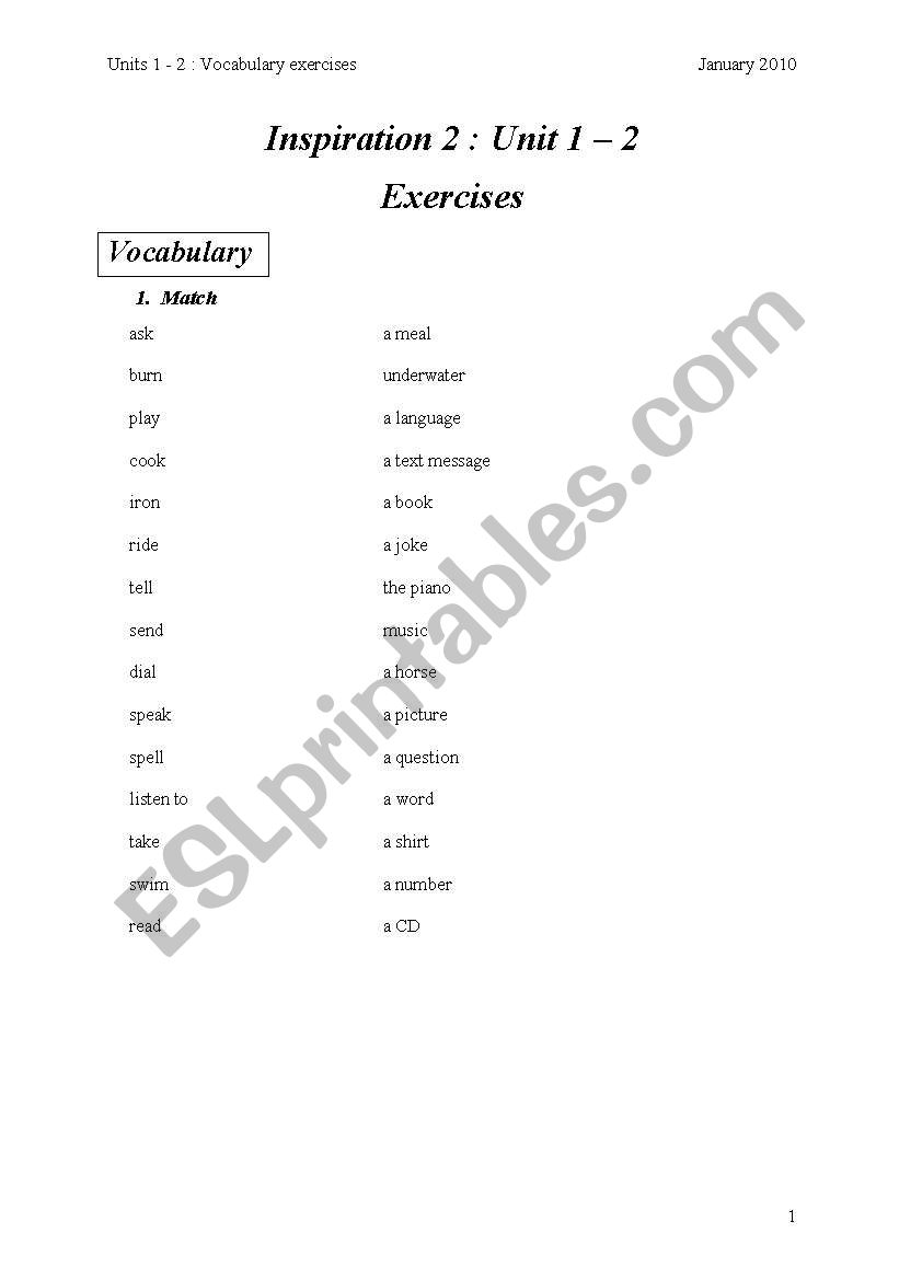 Vocabulary revision worksheet