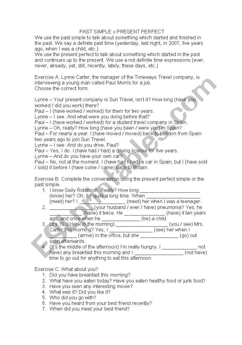 PAST SIMPLE X PRESENT PERFECT worksheet