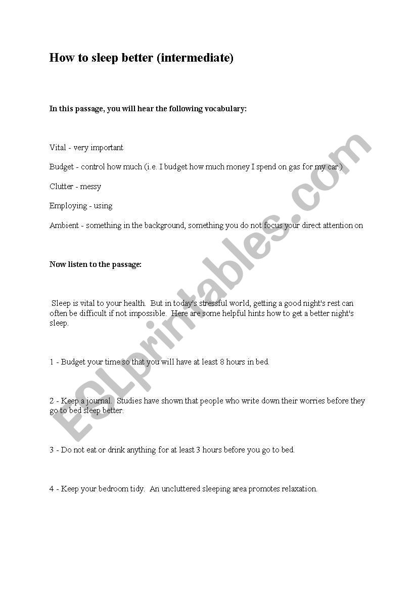 How to sleep better worksheet