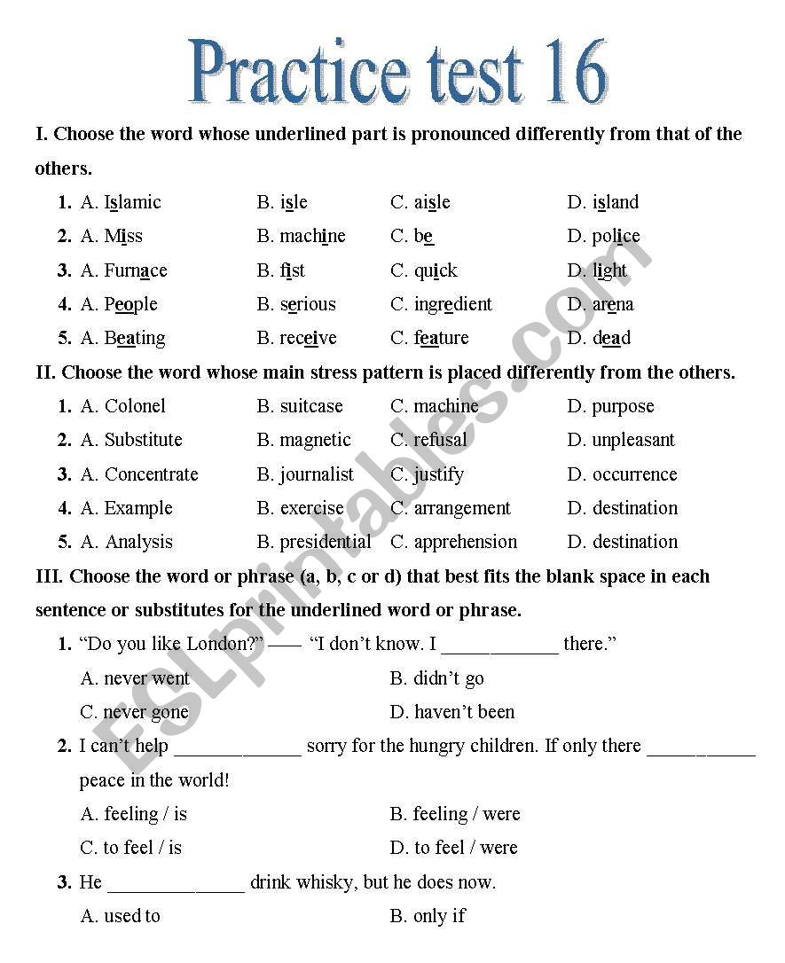 Practice test worksheet