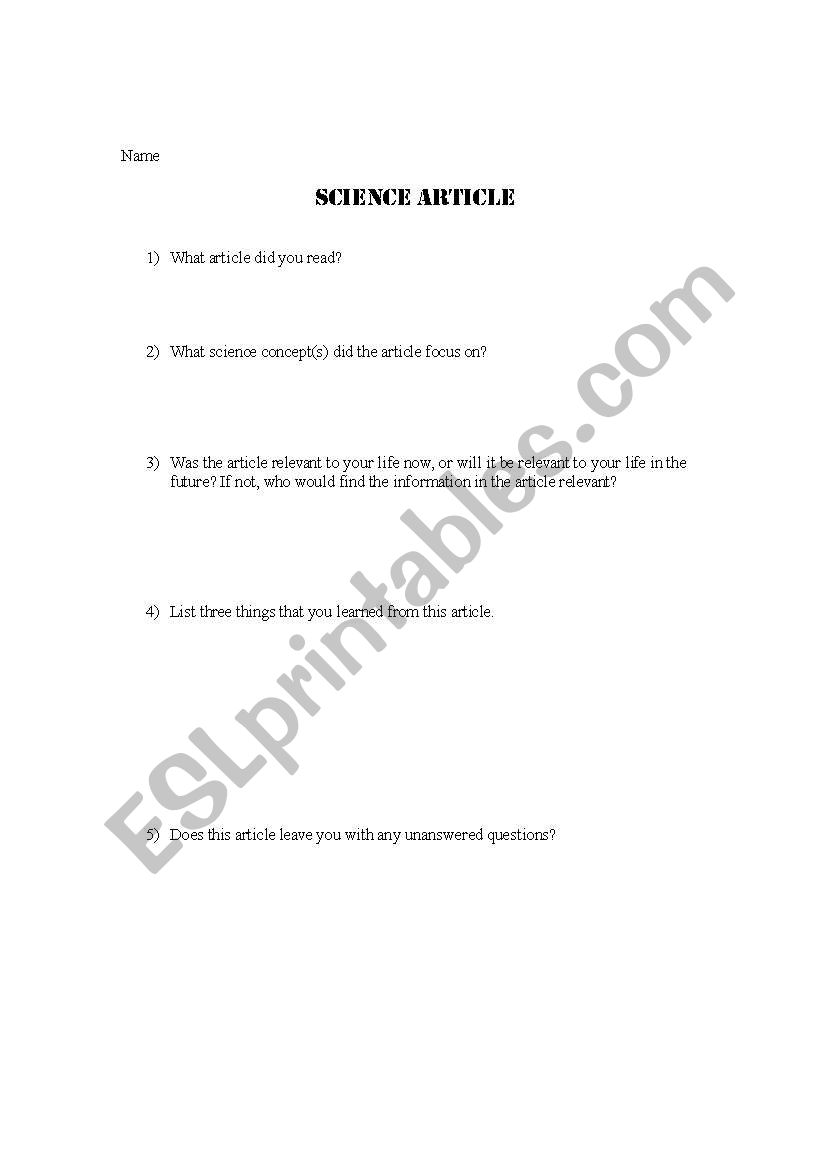 A worksheet to go along with a variety of science articles. Very versatile.