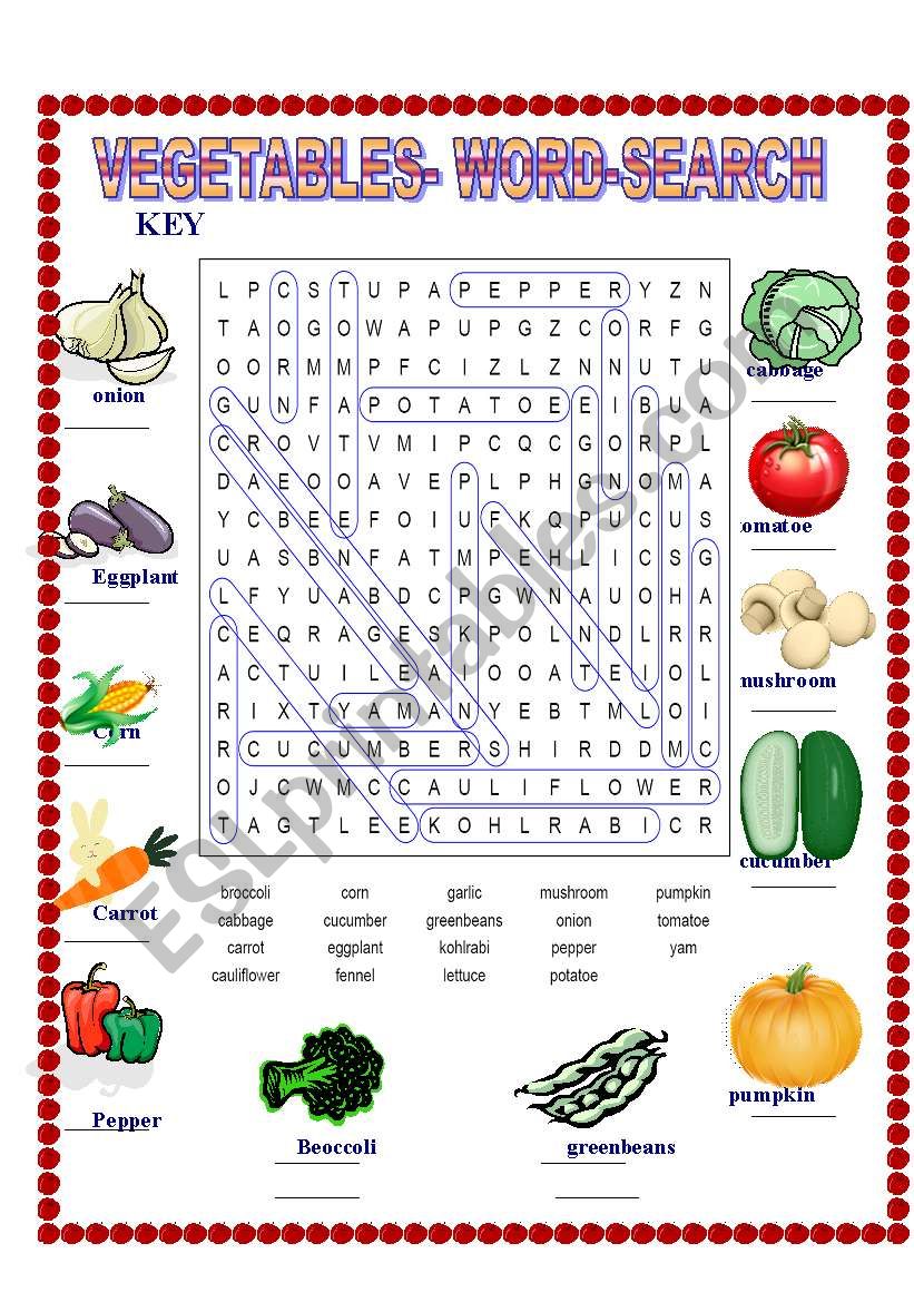 vegetables word search key esl worksheet by natushka
