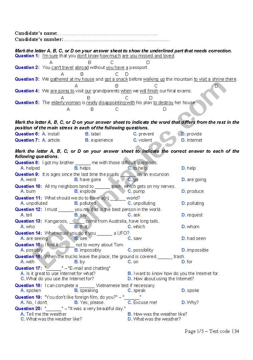 TEST FOR INTERMEDIATE worksheet