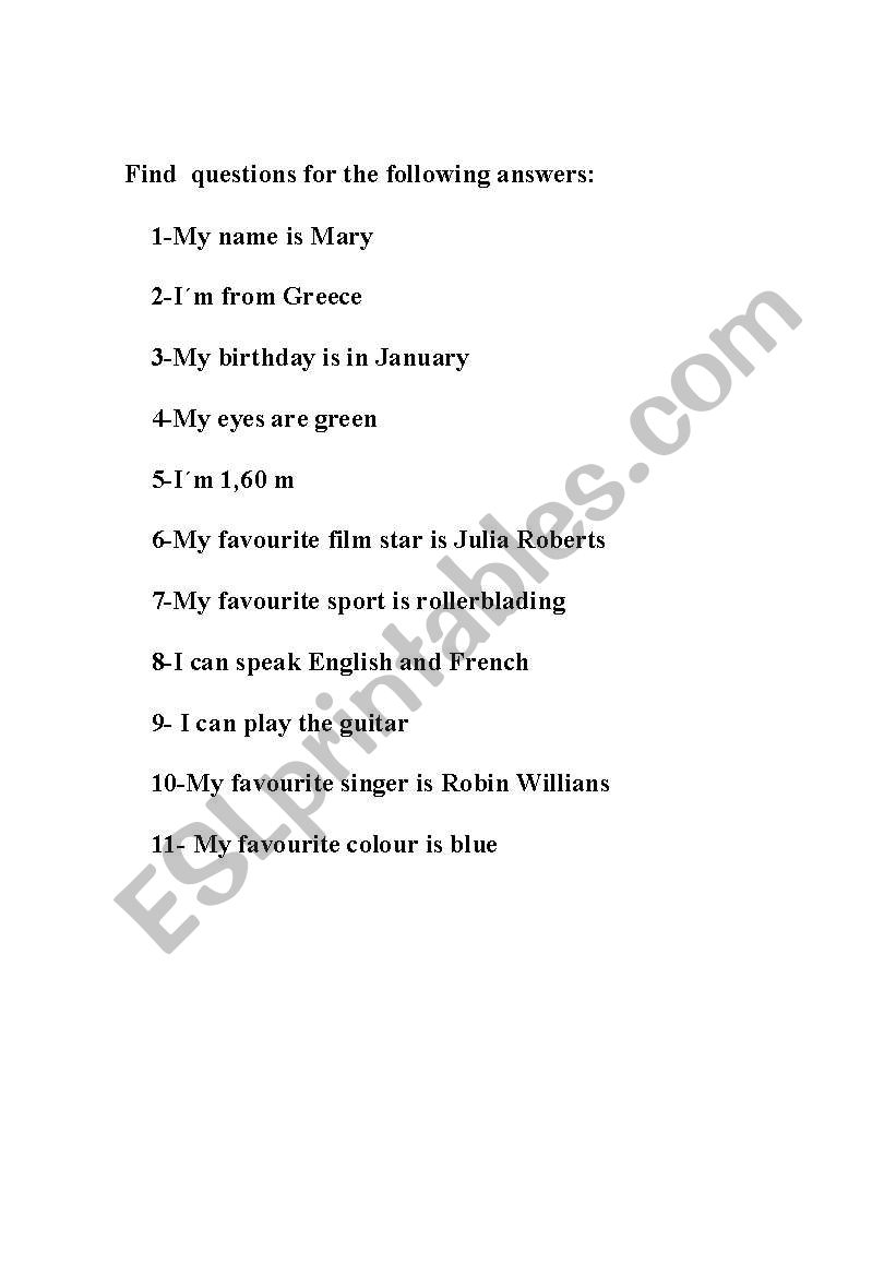 English worksheets: Write questions for the following answers