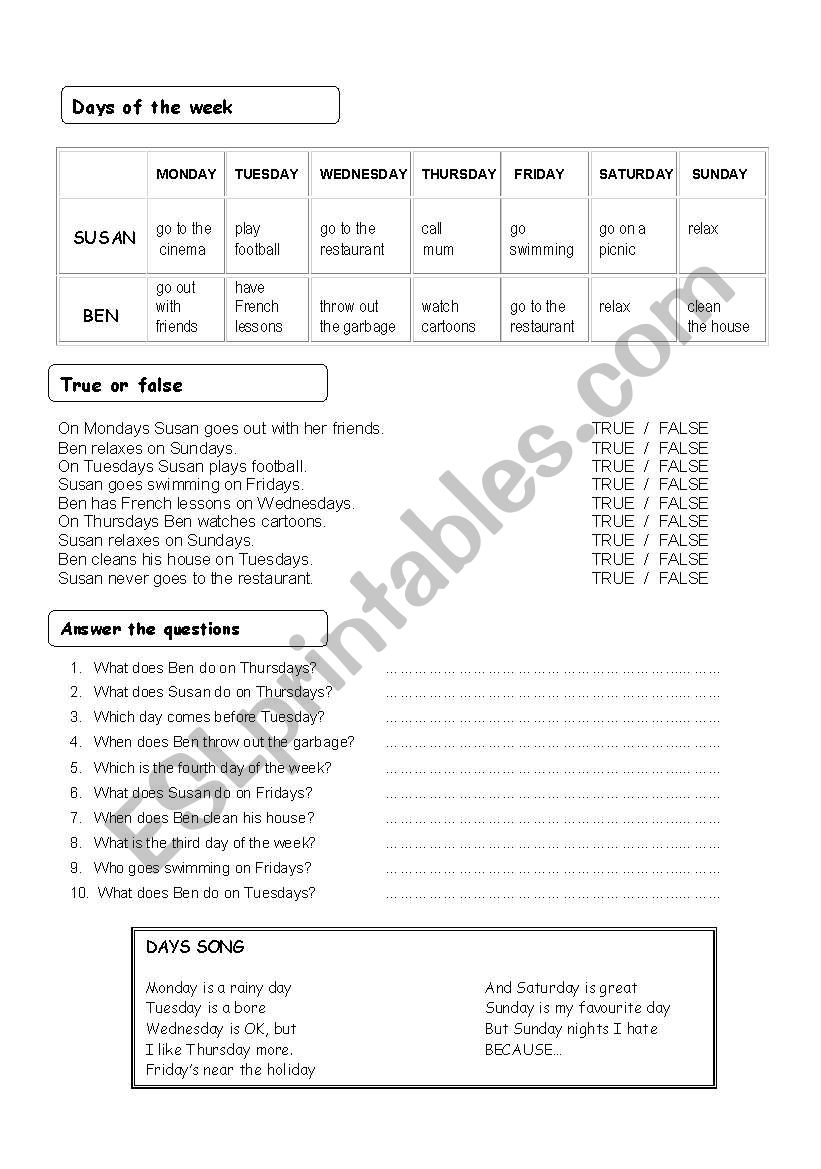 Days of the week worksheet