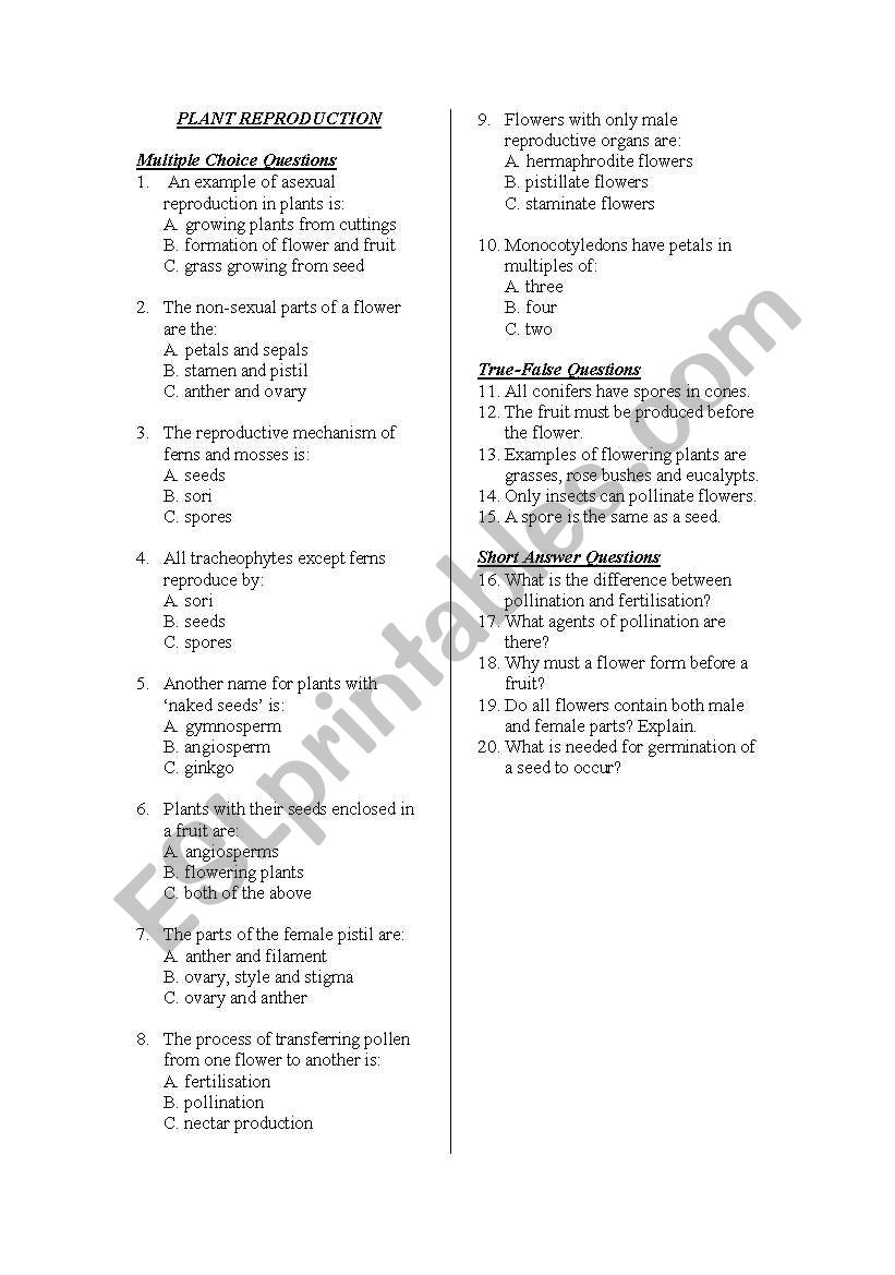 Plant repoduction test worksheet