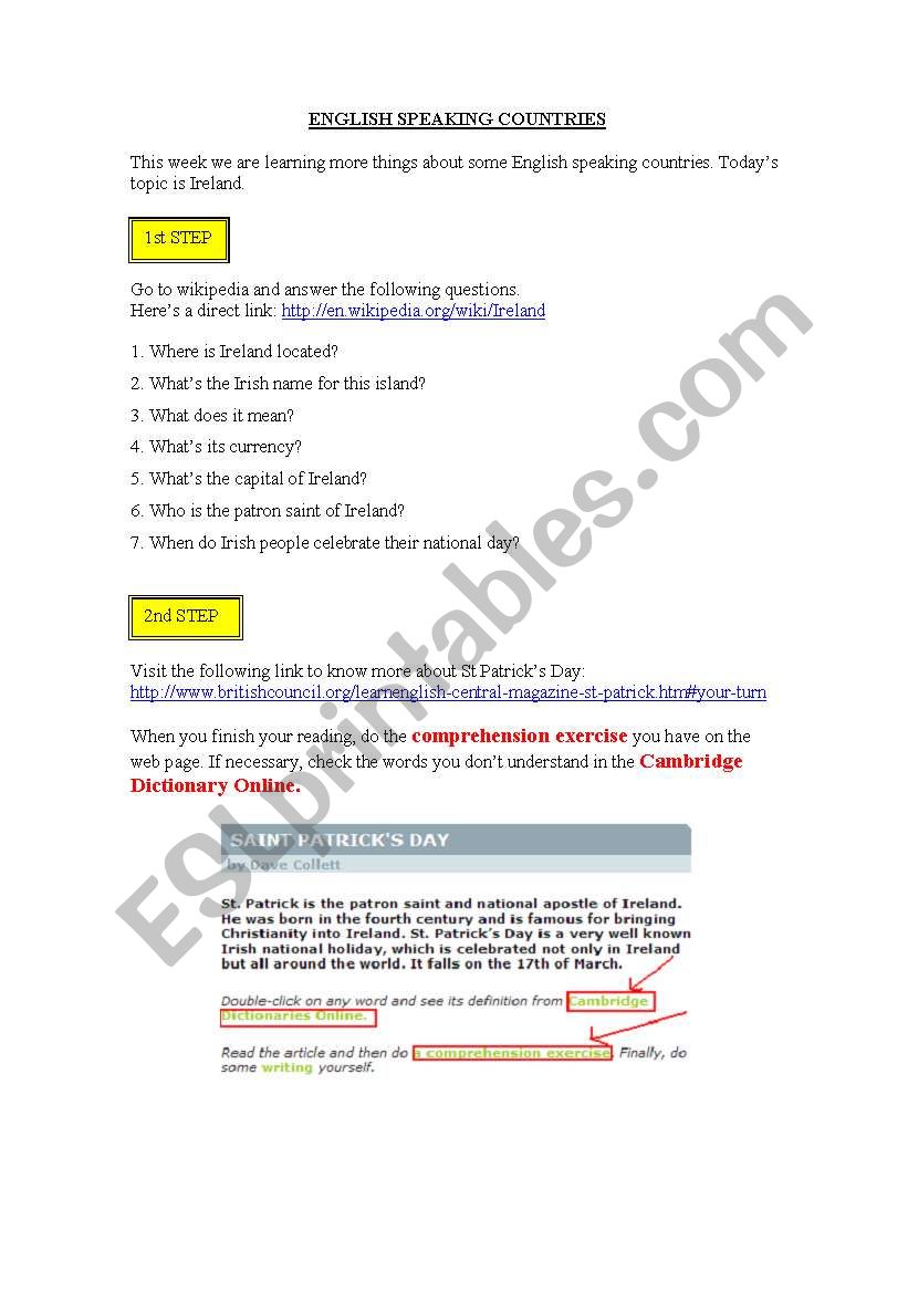 English Worksheets English Speaking Countries