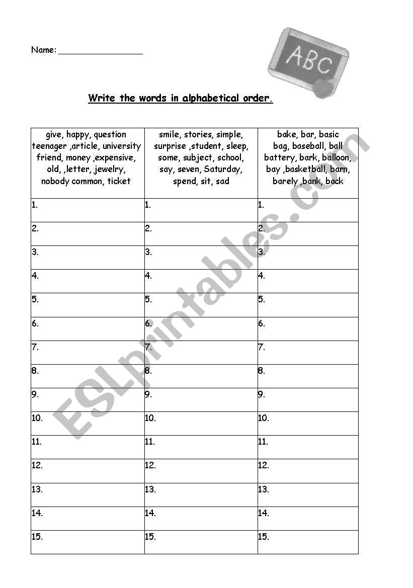 ABC ORDER worksheet