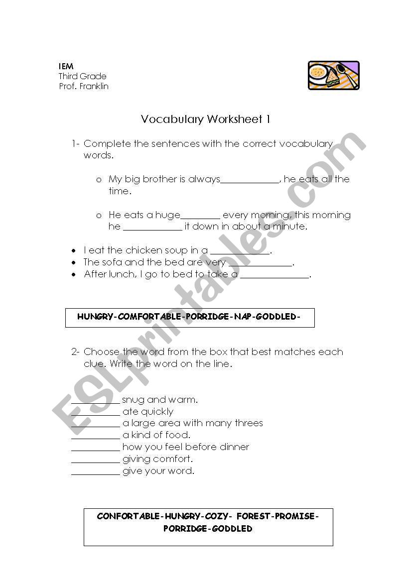 Goldilocks Vocabulary worksheets