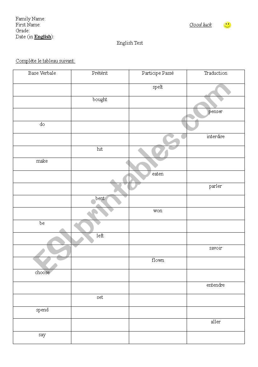 English worksheets: Irregular Verbs