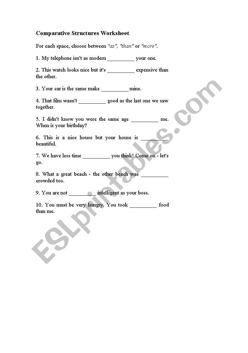 Comparative Structures Worksheet