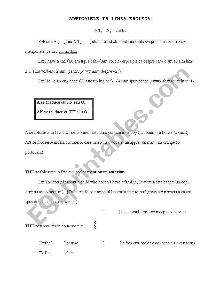 English language articles worksheet