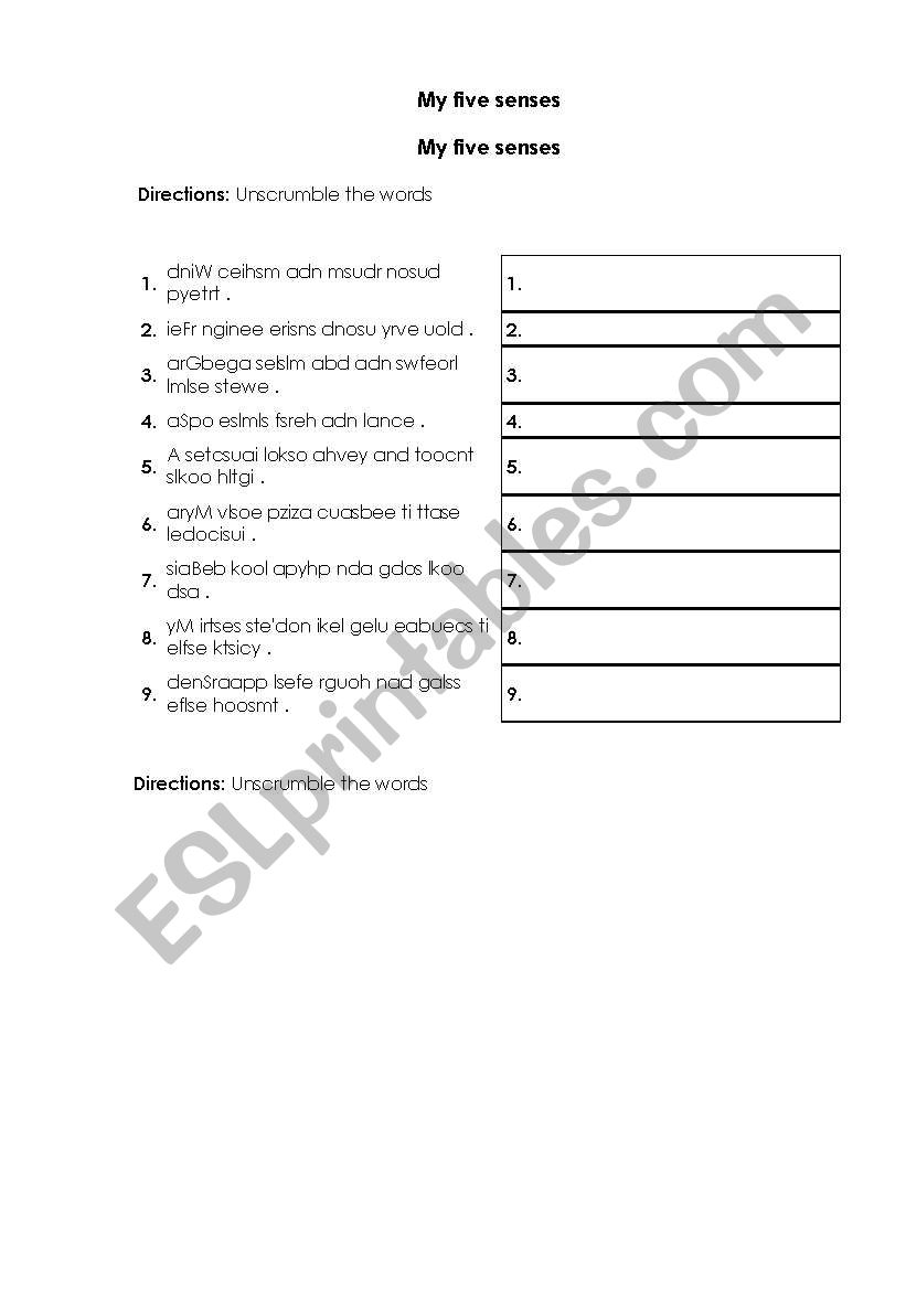 scrambled words about sences worksheet