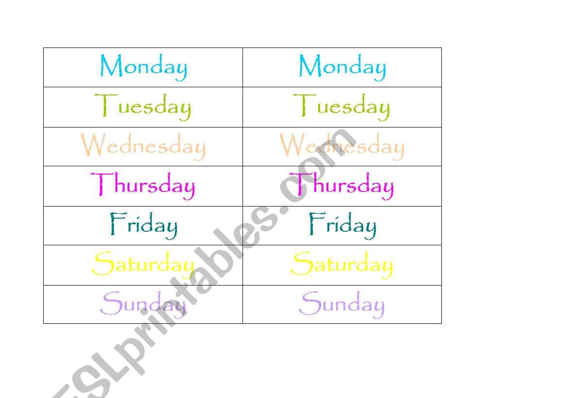 days of the week memory game worksheet
