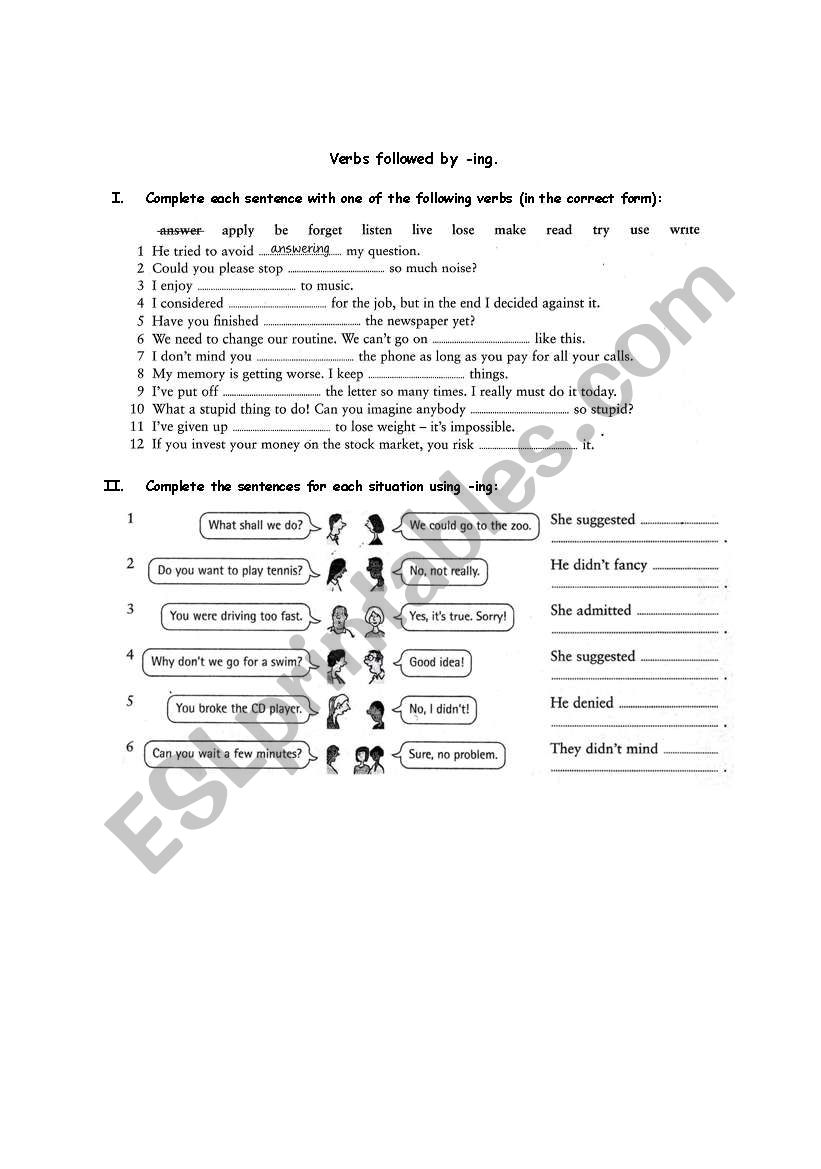 Verbs followed by gerunds worksheet