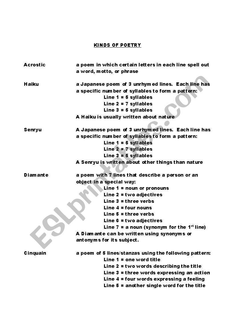 Kinds Of Poetry worksheet