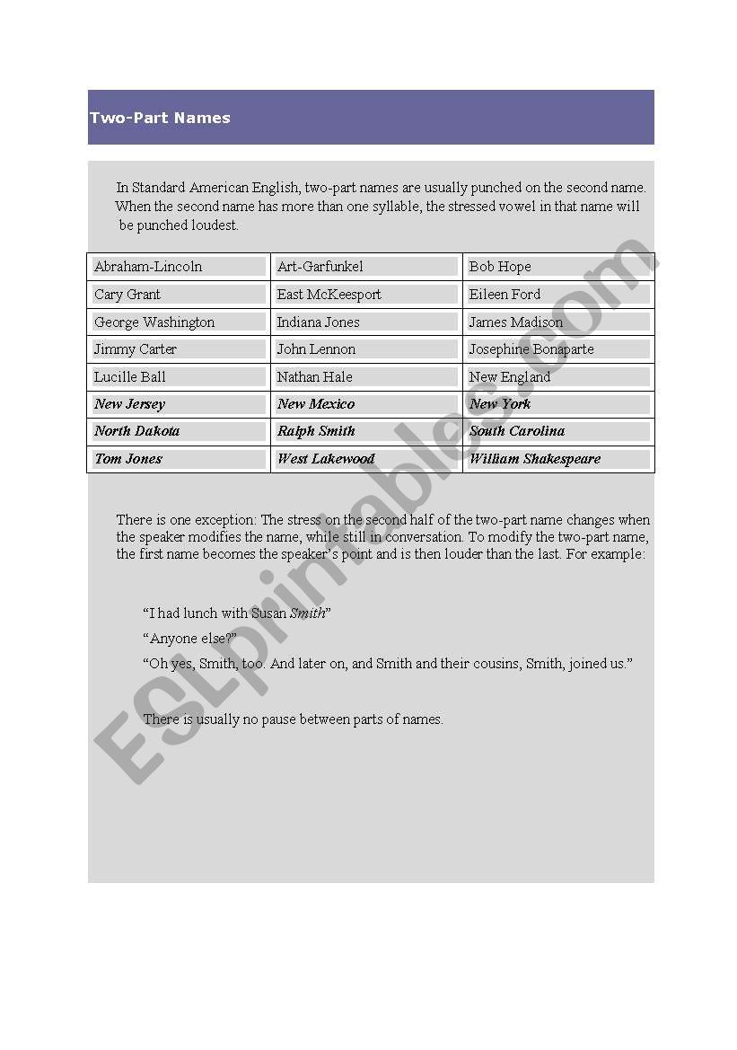 two-part English names worksheet