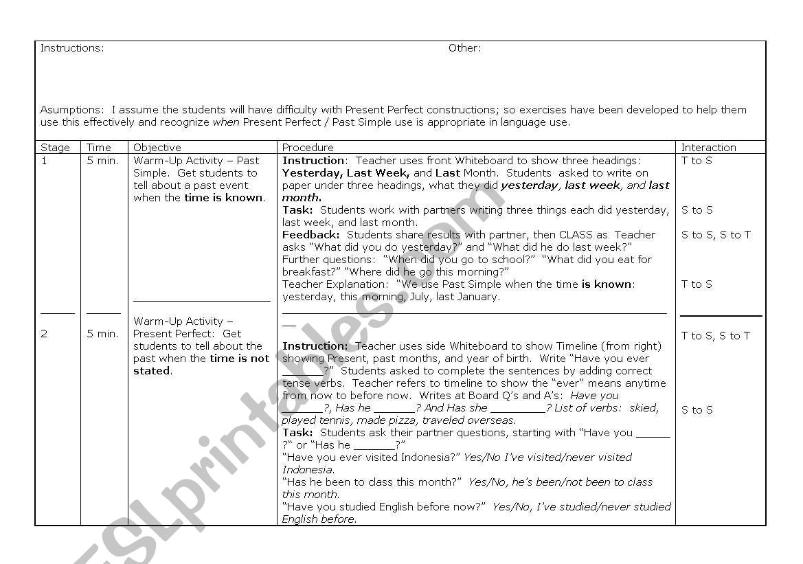 Present Perfect: Indefinite Past Lesson Plan