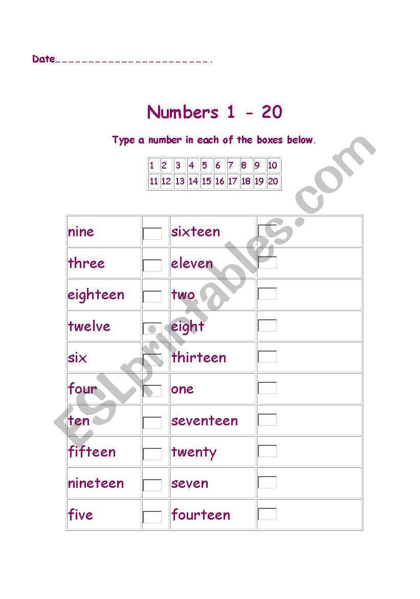 English worksheets: Numbers 1-20