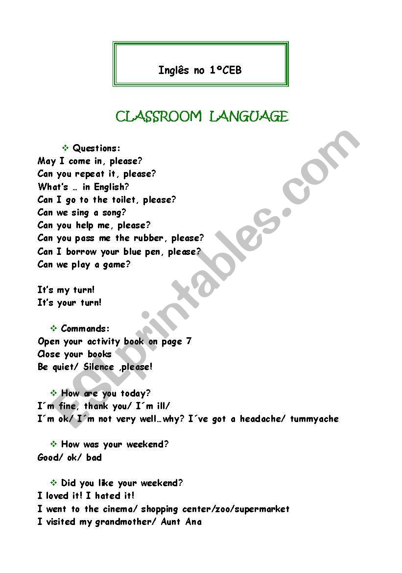 classroom language worksheet