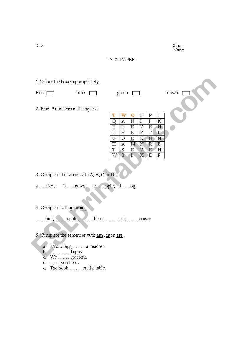 Test paper-3rd grade , Starter