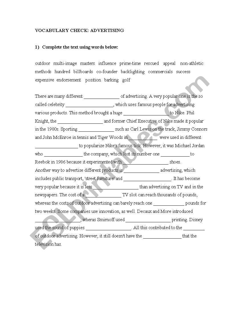 vocabulary check advertising worksheet