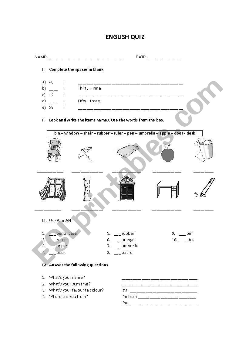 Classroom objects - A vs AN worksheet