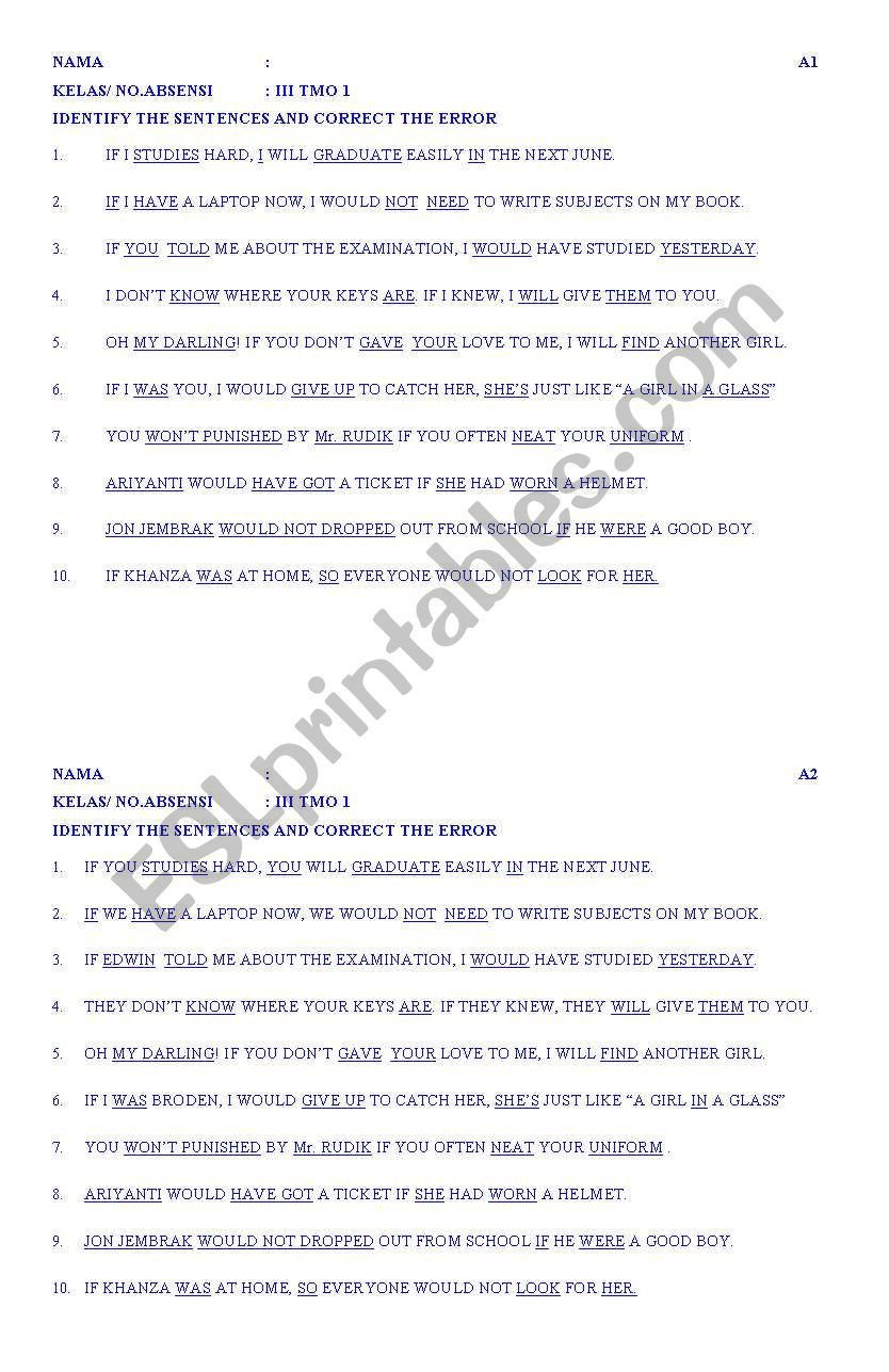 Conditionals Excersise worksheet