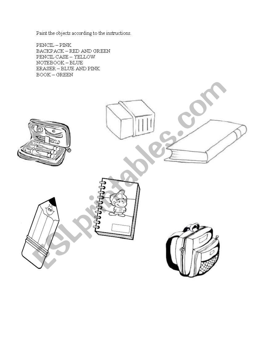 Colors and school objects worksheet