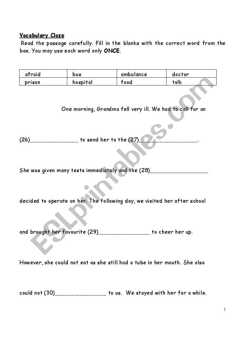 Vocabulary Cloze worksheet