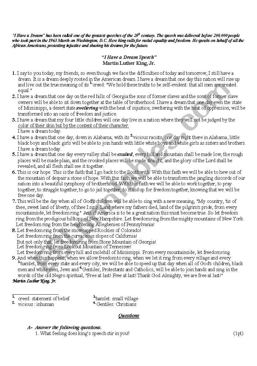 martin Luther King worksheet