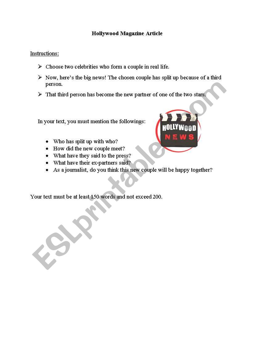 Hollywood News worksheet