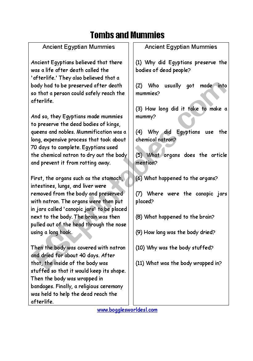 Tombs and mummies worksheet