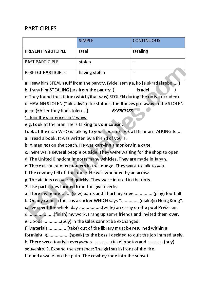  English Worksheets Participles 