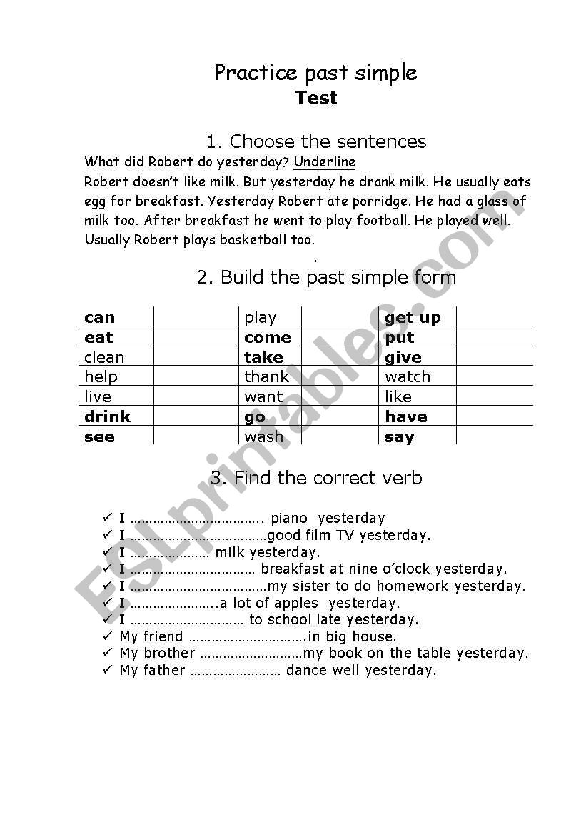 past simple test worksheet