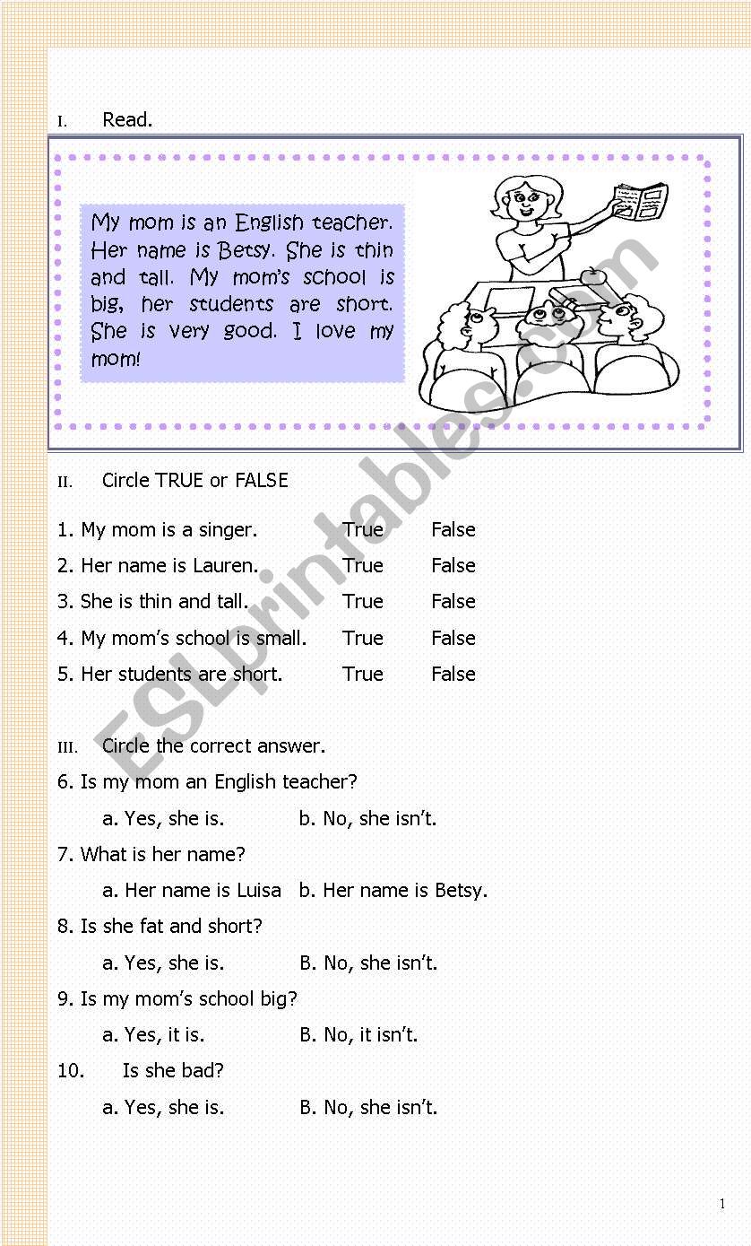 Reading worksheet