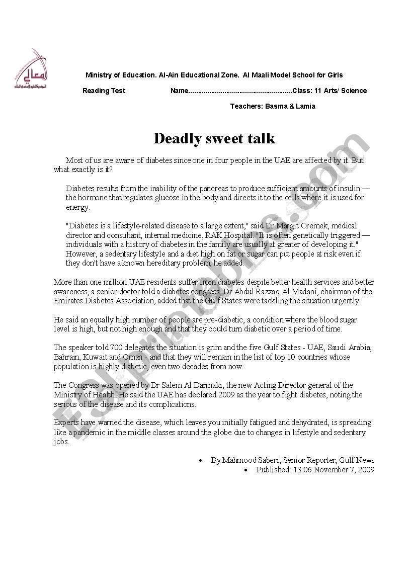 Deadly sweet talk (Diabetis) worksheet
