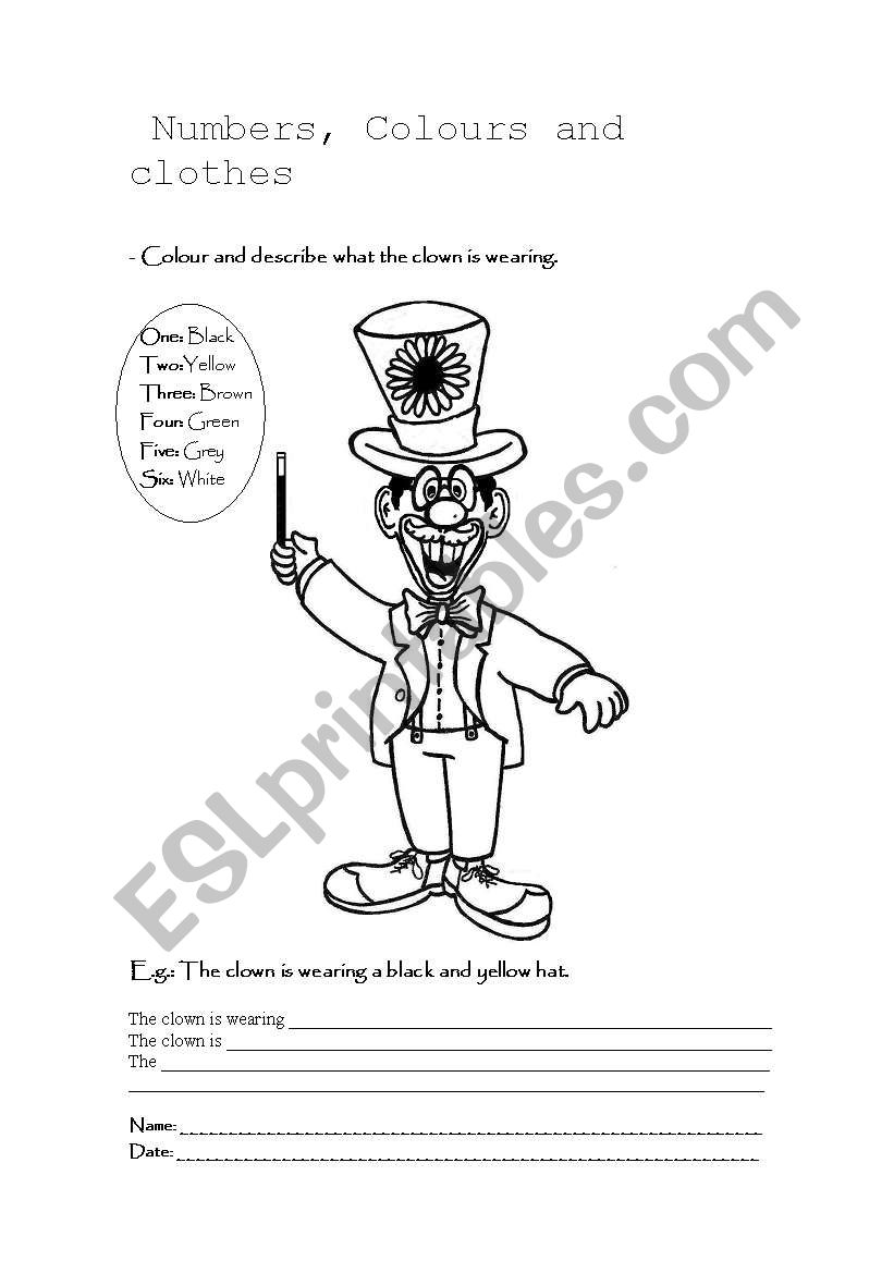 Numbers, colours and clothes worksheet