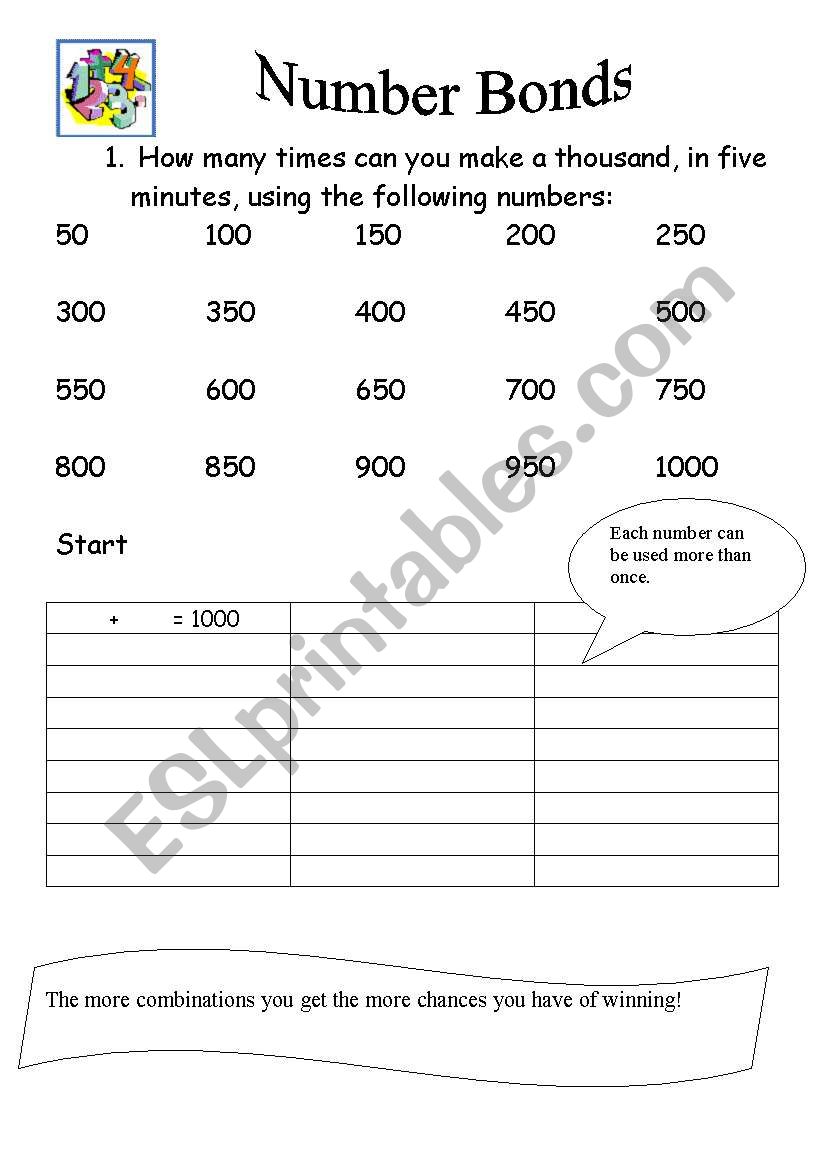 English Worksheets Number Bonds