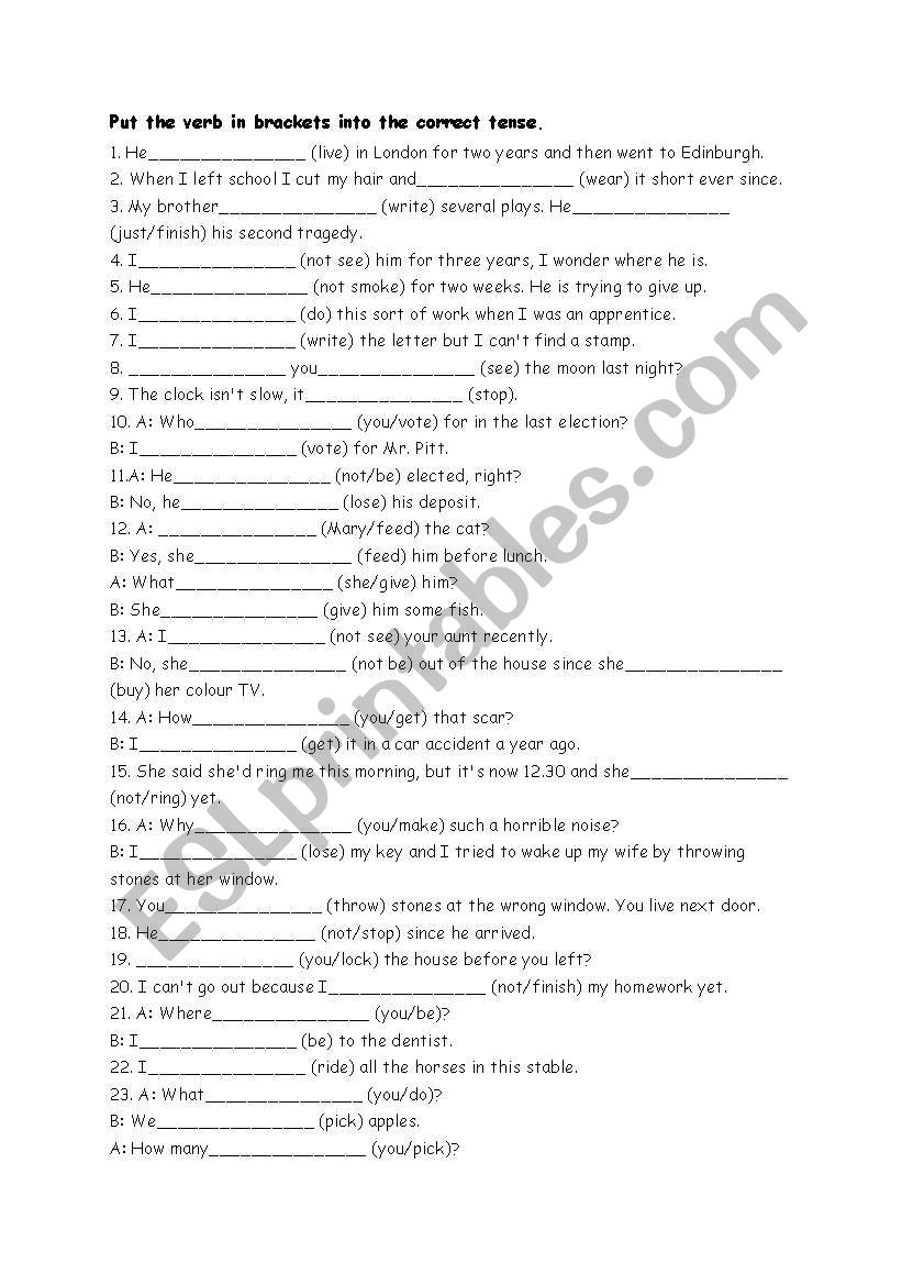 present perfect worksheet