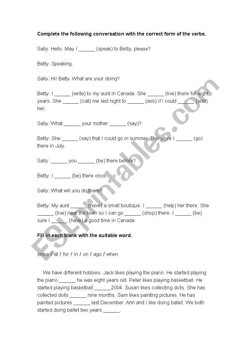 Verb form exercise worksheet