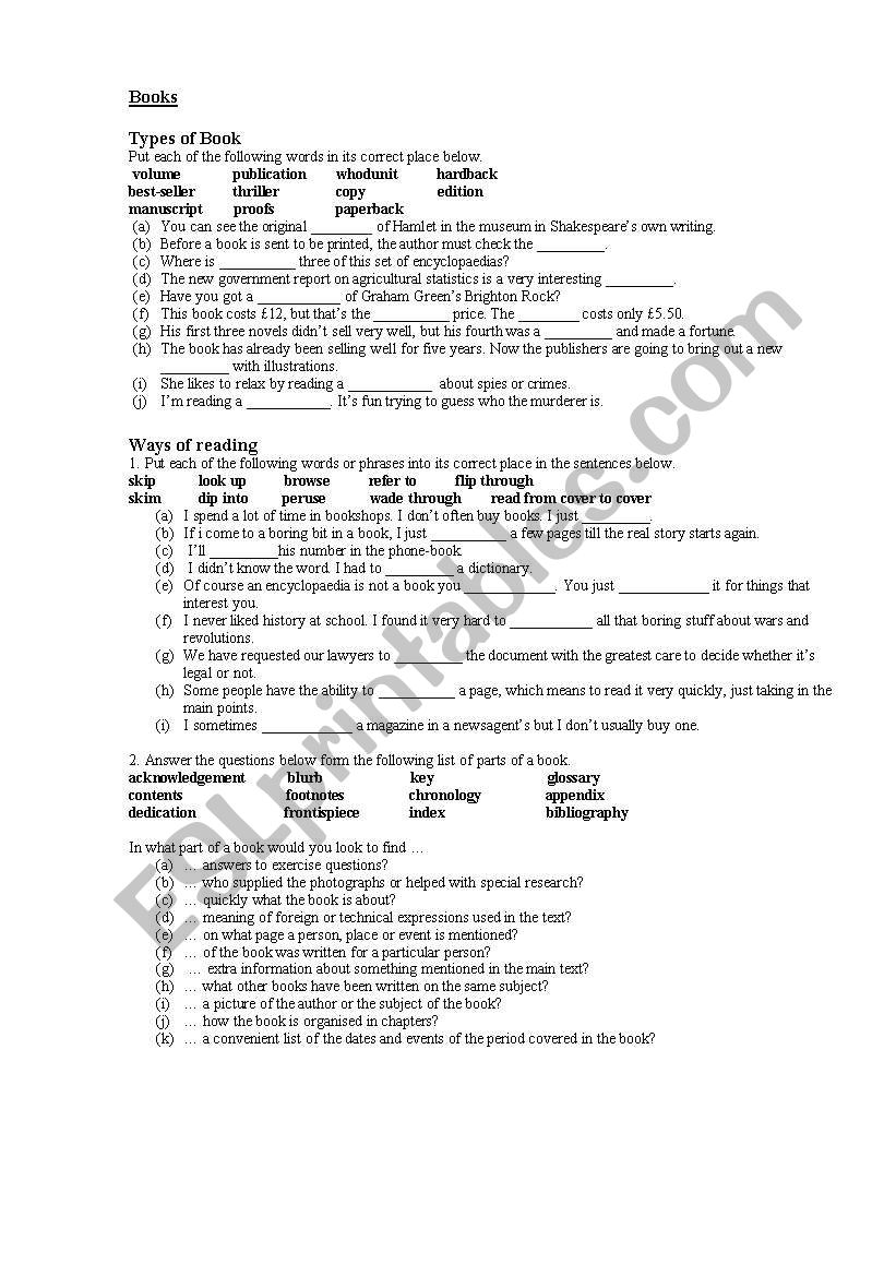 Books and reading. Vocabulary - ESL worksheet by Kolesnik