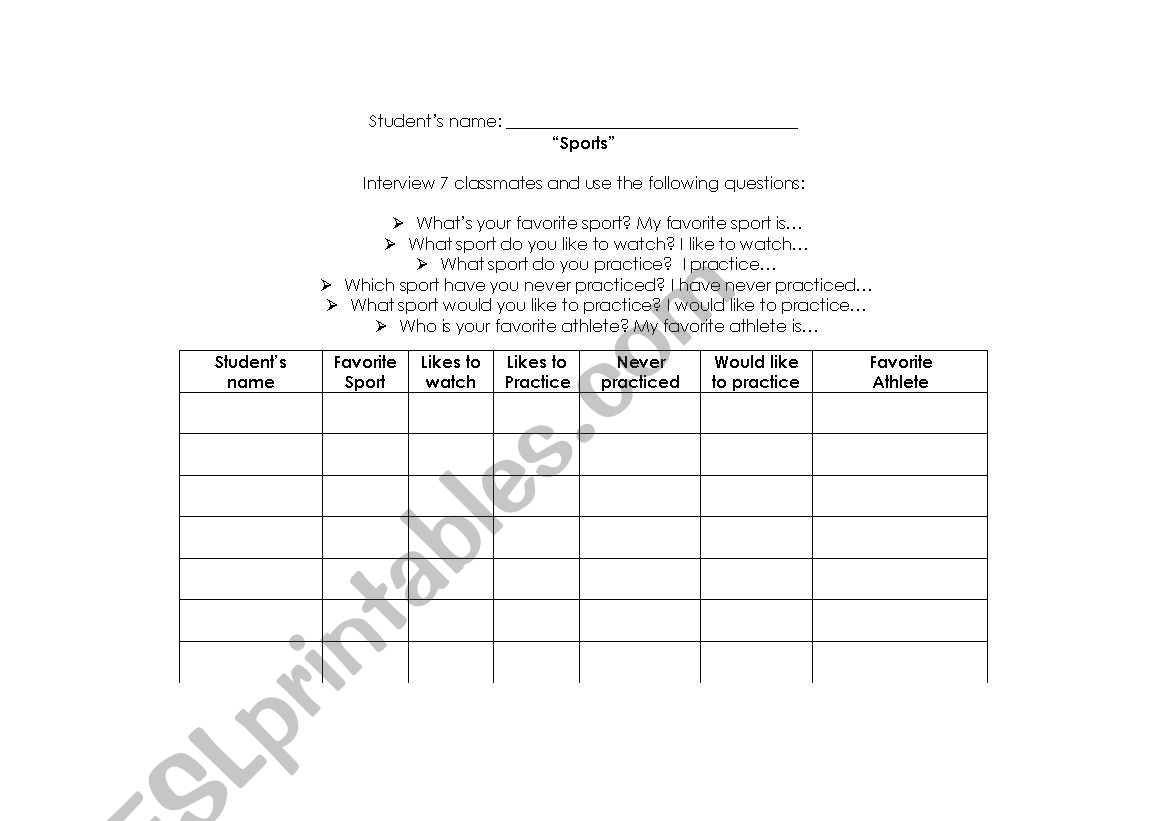 Sports  worksheet