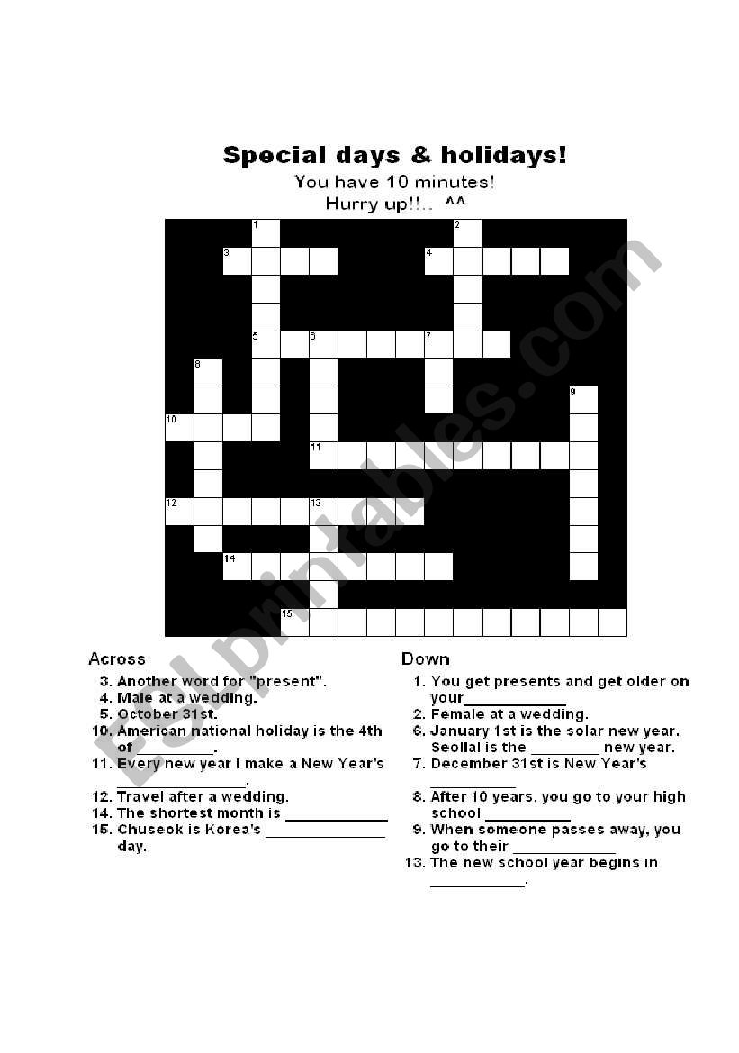 holidays crossword + key! worksheet