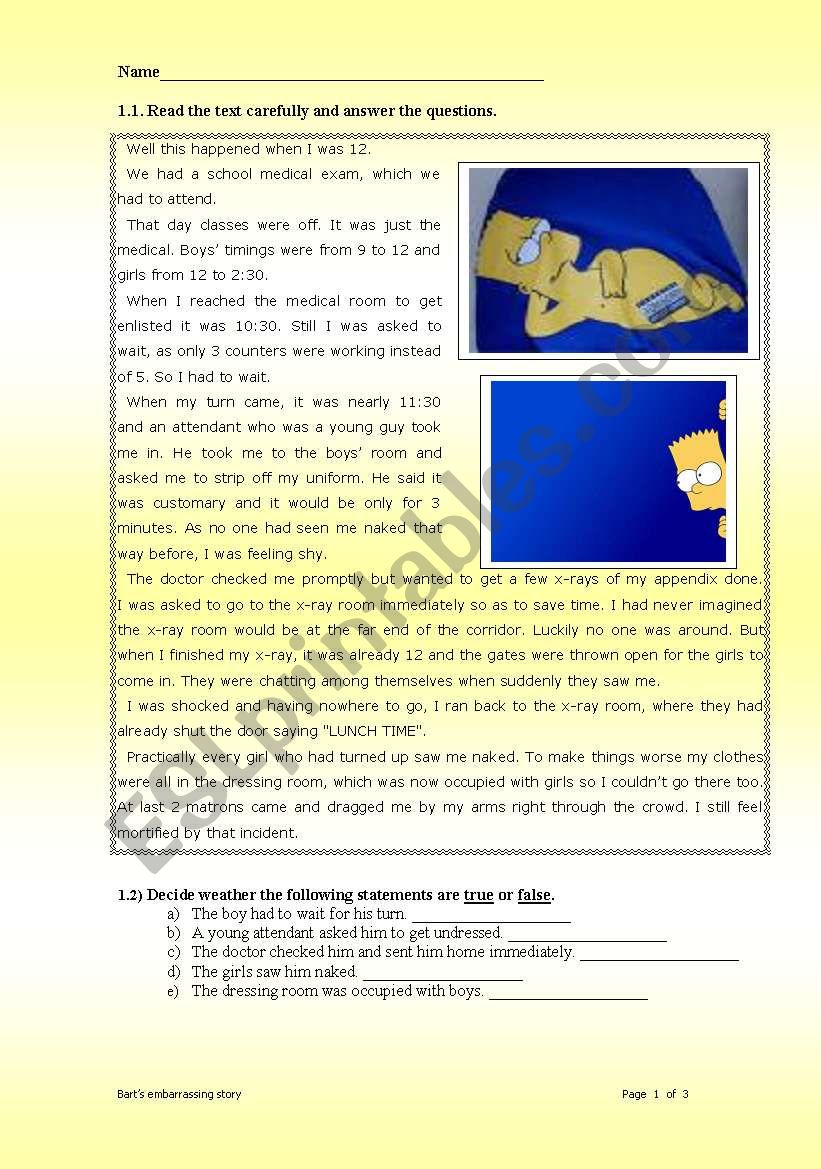 Past Simple Bart´s Embarrassing Story Esl Worksheet By Checrsi