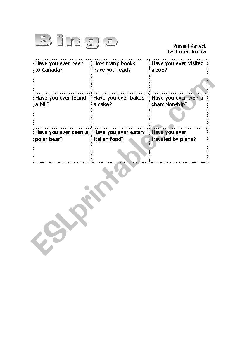 present perfect bingo practice